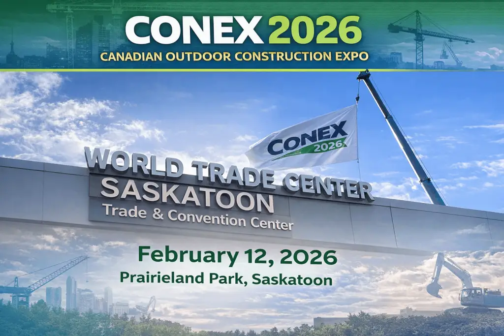 Exhibition floor at CONEX 2026 featuring construction industry exhibitors and attendees.