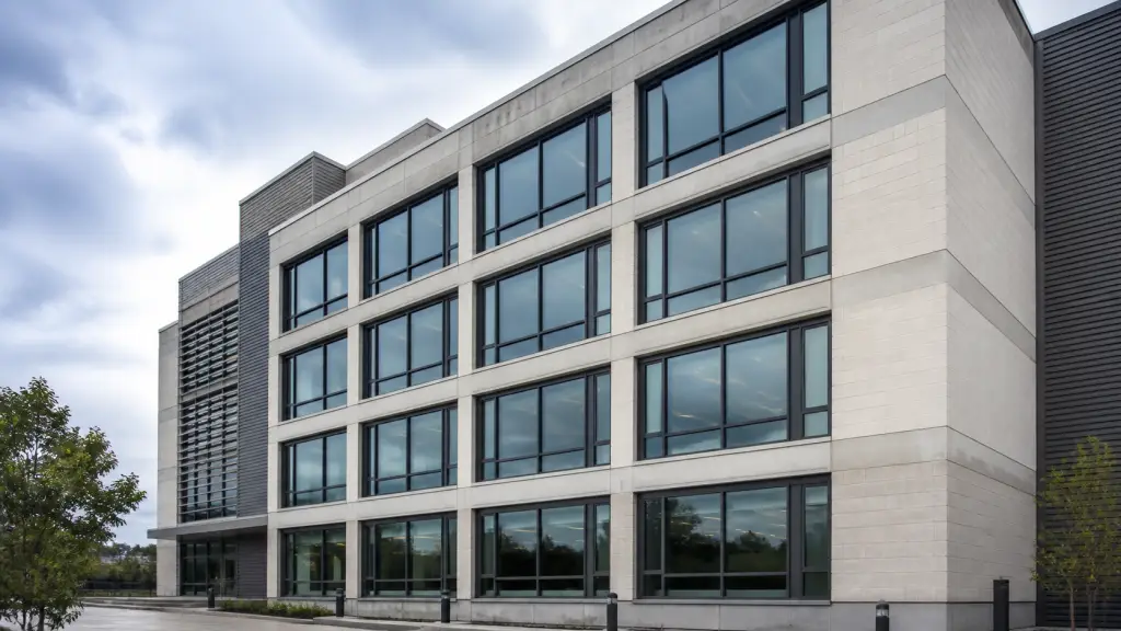 Modern commercial building with dark window frames separated between storeys by a noncombustible façade.